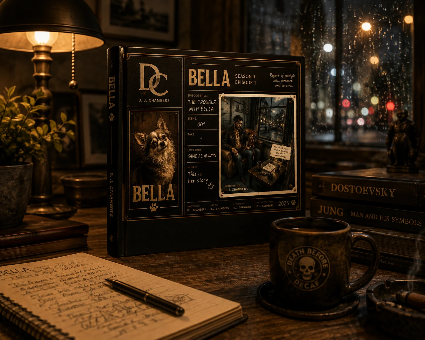 Hard cover edition of The Trouble with Bella sitting on table in elegant environment. 
