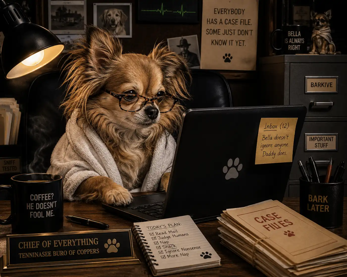 Officer Bella working hard and detective work at her desk.