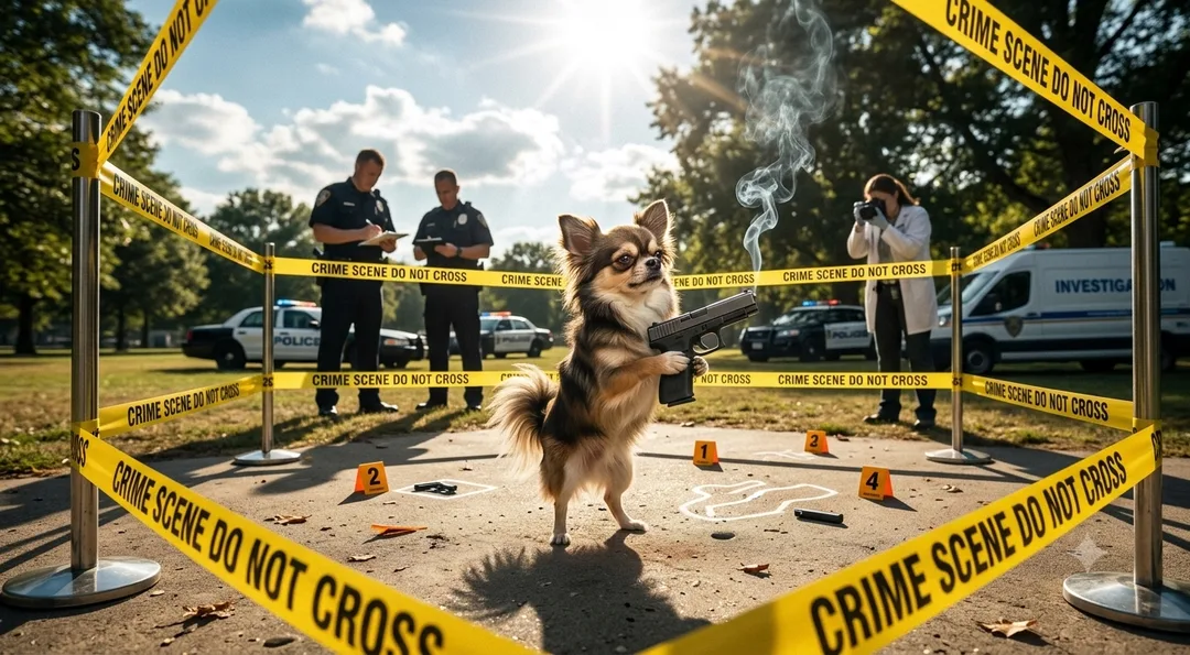 Bella at crime scene, bordered by crime scene tape, holding smoking gun. 