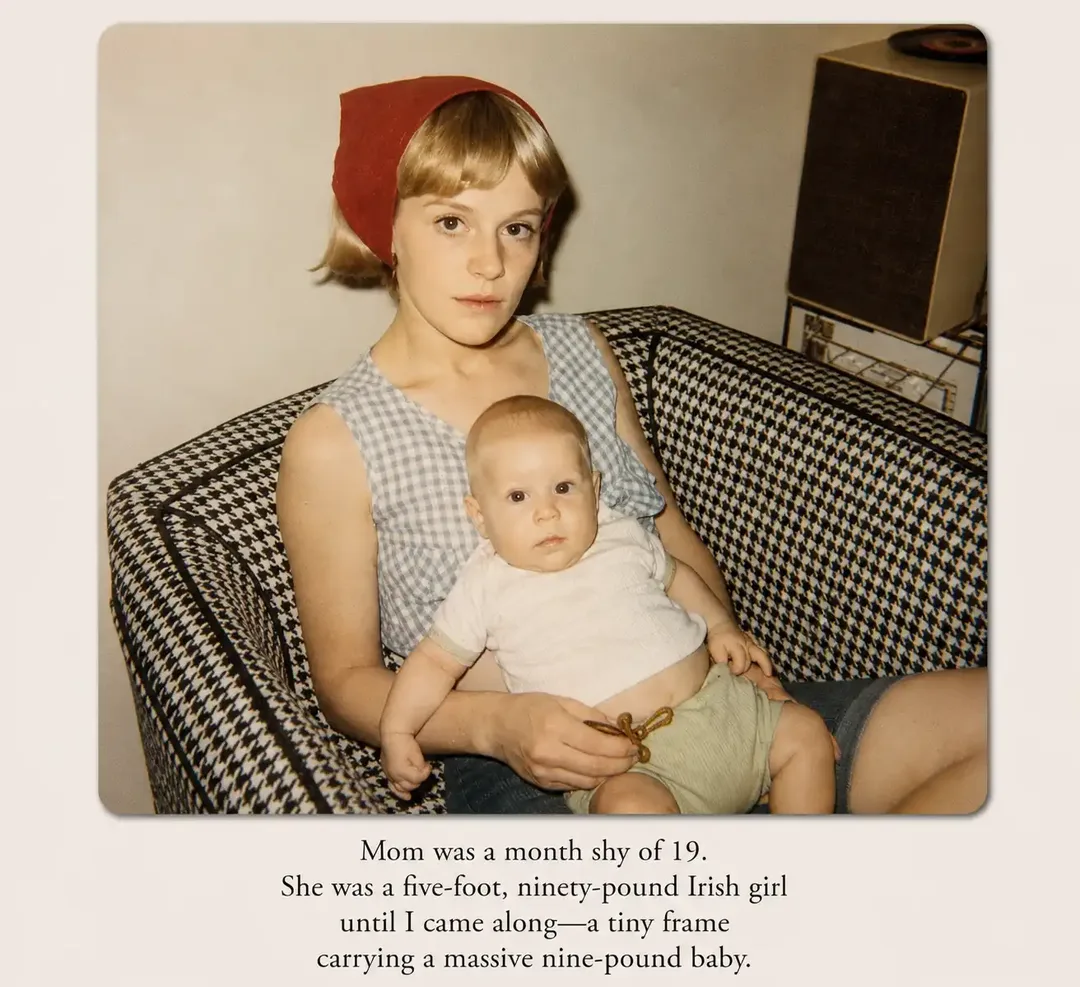 Mom and baby David sitting in fabulous black and white hound's tooth chair, 1969.