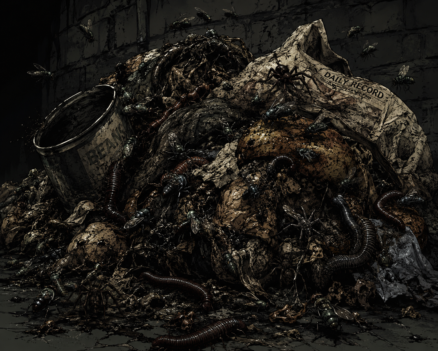 Pile of rotting garbage covered with vermin.