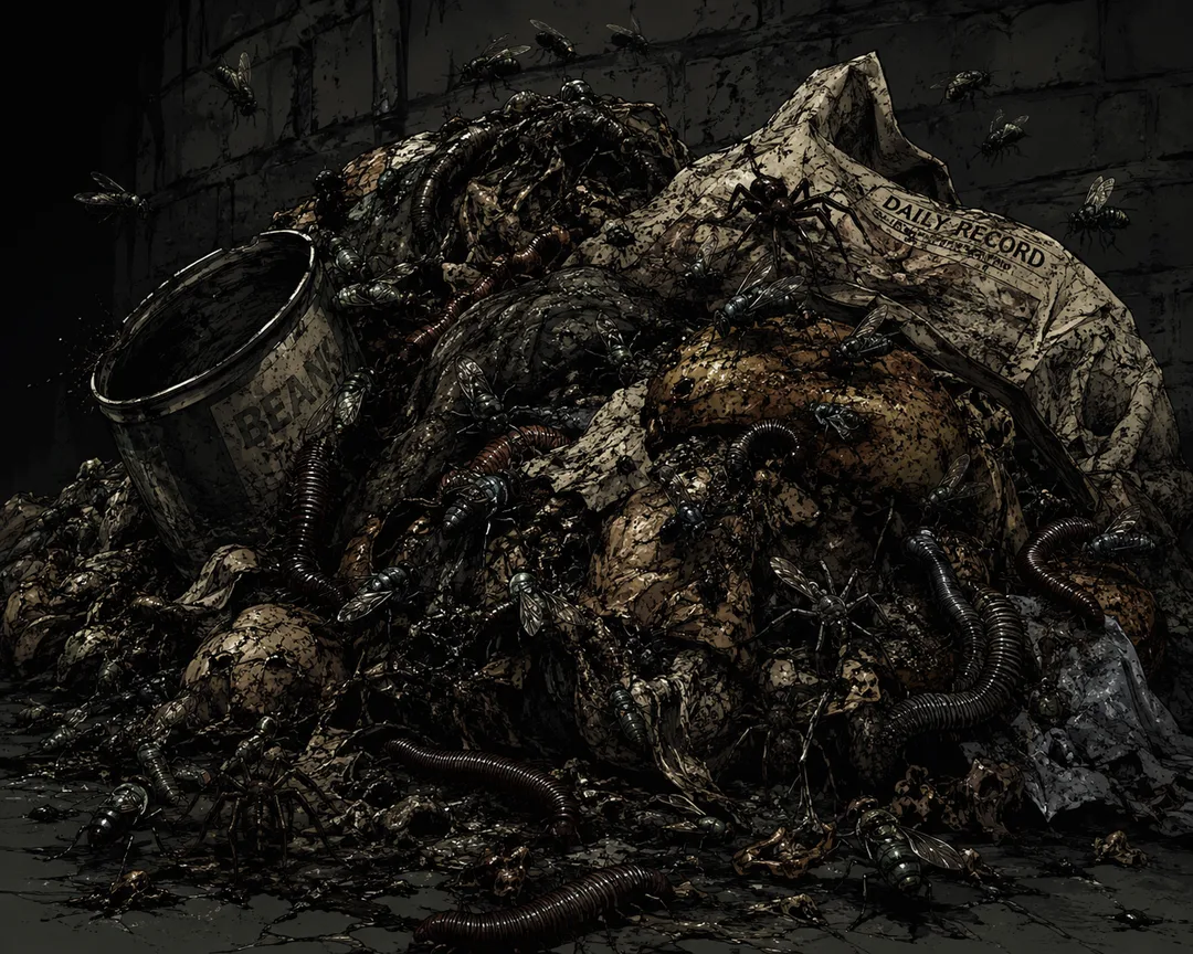 Pile of rotting garbage covered with vermin.