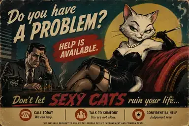 Sexy cat sitting on settee. Broken man sitting at desk. Help is available for trouble with sexy cats. 