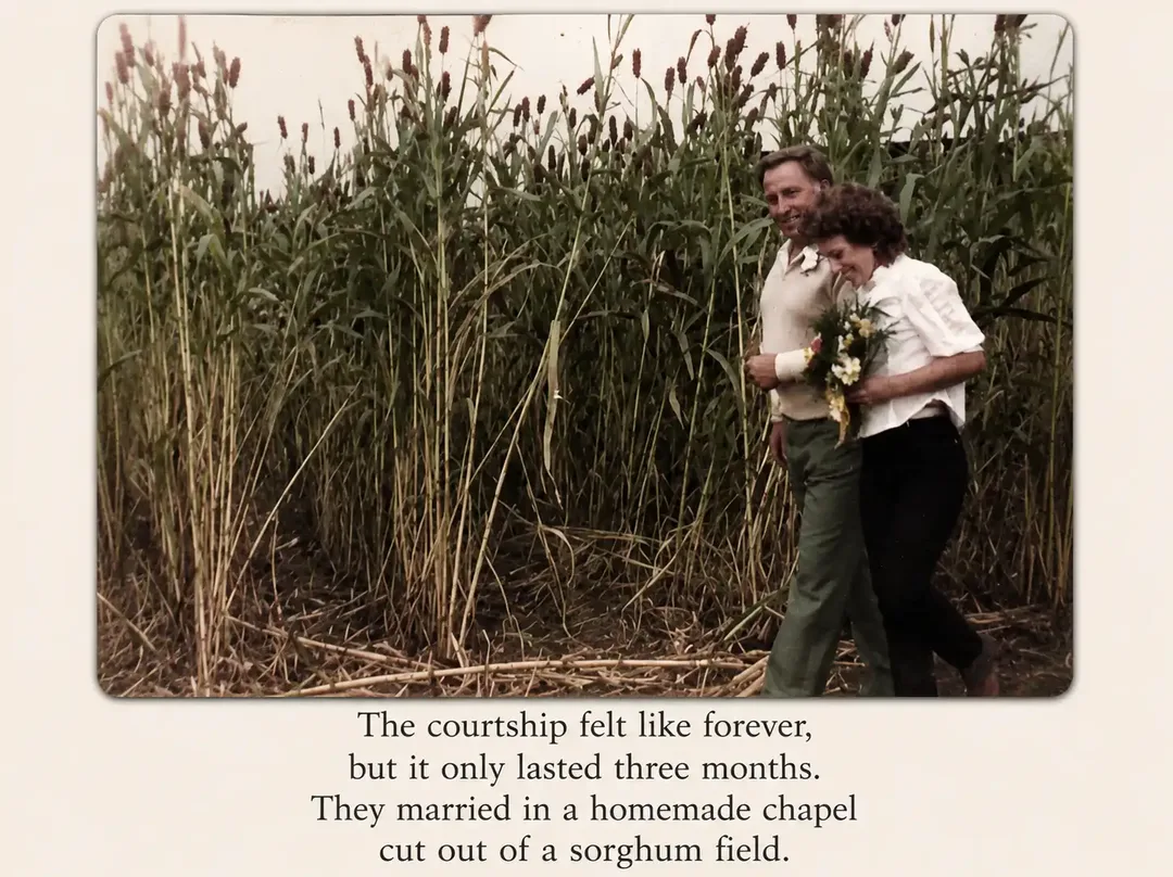 Mom and Stan wedding in a chapel cut our of a sorghum  field. 