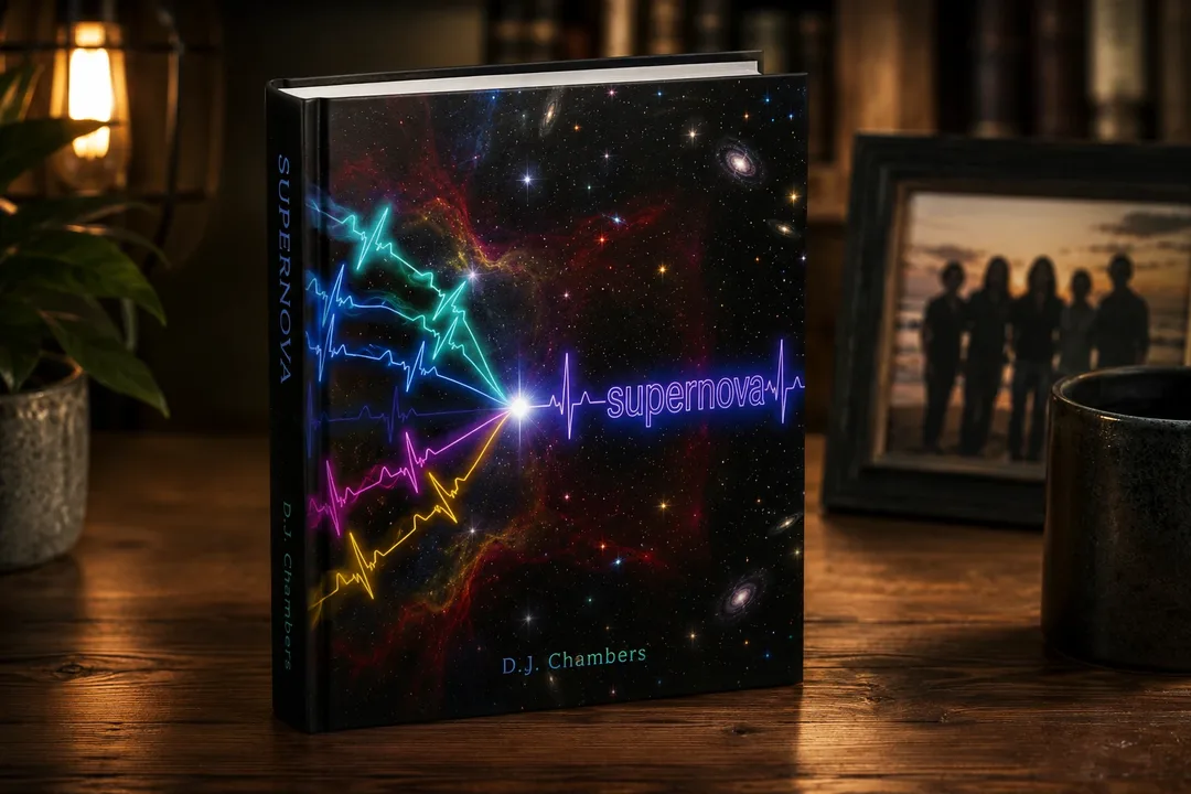 Hard cover copy of Supernova sitting on table in elegant setting.